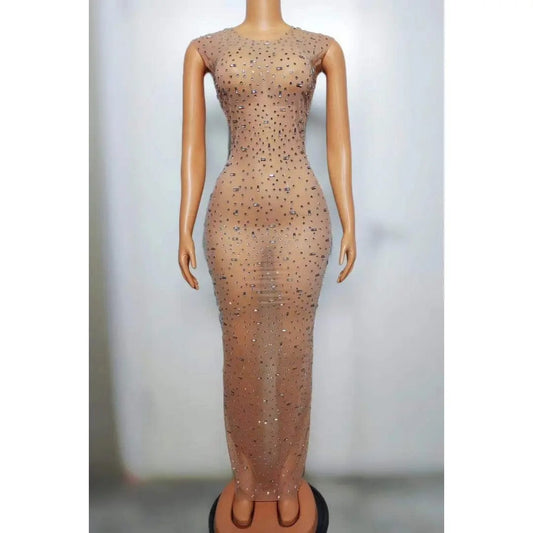 Ocstrade Fashion 2024 Shiny Sequins Women Dress For Stage Sleeveless Sexy Transparent Bodycon Slit Maxi Performance Dress