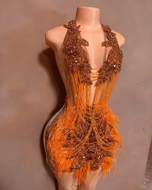 Ocstrade Feather Halter Neck Sexy Dresses Women Night Club 2023 Mesh See Through Crystal Black Rhinestone Mini Birthday Dress