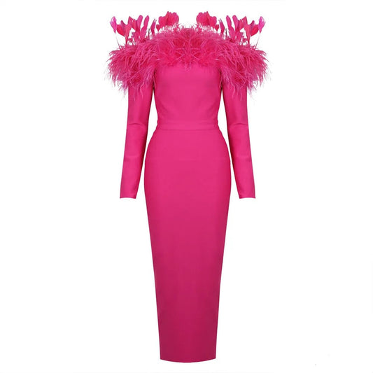 Ocstrade Feather Off The Shoulder Long Sleeved Bandage Dress Slim Fit Buttocks Wrapped Ball Gowns For Women Evening Dresses