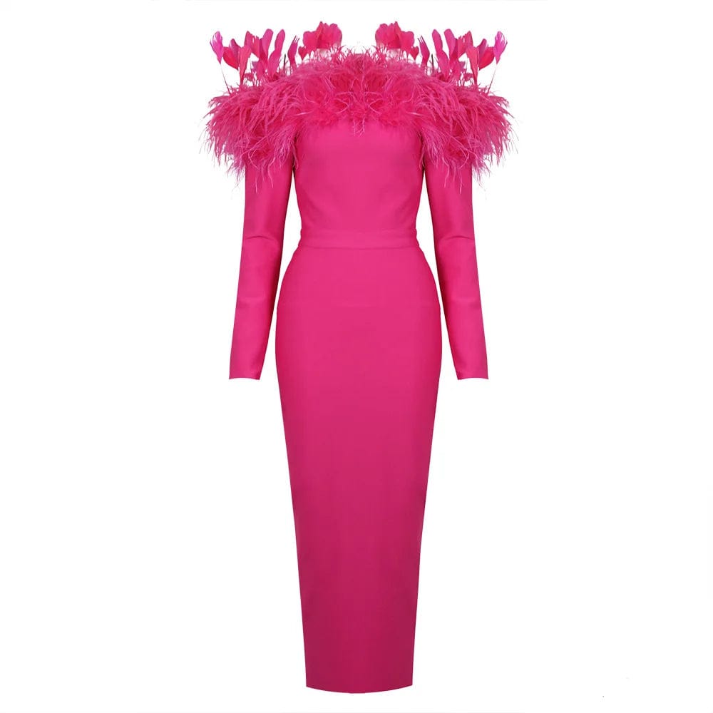 Ocstrade Feather Off The Shoulder Long Sleeved Bandage Dress Slim Fit Buttocks Wrapped Ball Gowns For Women Evening Dresses