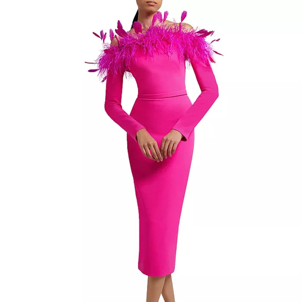 Ocstrade Feather Off The Shoulder Long Sleeved Bandage Dress Slim Fit Buttocks Wrapped Ball Gowns For Women Evening Dresses