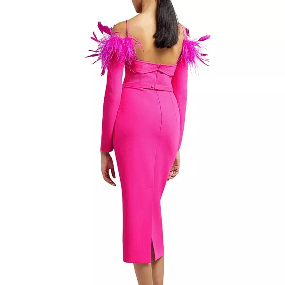 Ocstrade Feather Off The Shoulder Long Sleeved Bandage Dress Slim Fit Buttocks Wrapped Ball Gowns For Women Evening Dresses