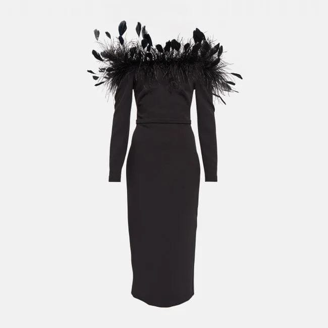 Ocstrade Feather Off The Shoulder Long Sleeved Bandage Dress Slim Fit Buttocks Wrapped Ball Gowns For Women Evening Dresses