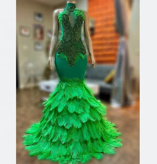 Ocstrade Feather Rhinestone Party Evening Dress Emerald Green Prom Dress 2023 Women Ball Gown Plus Size Prom Dresses For Women