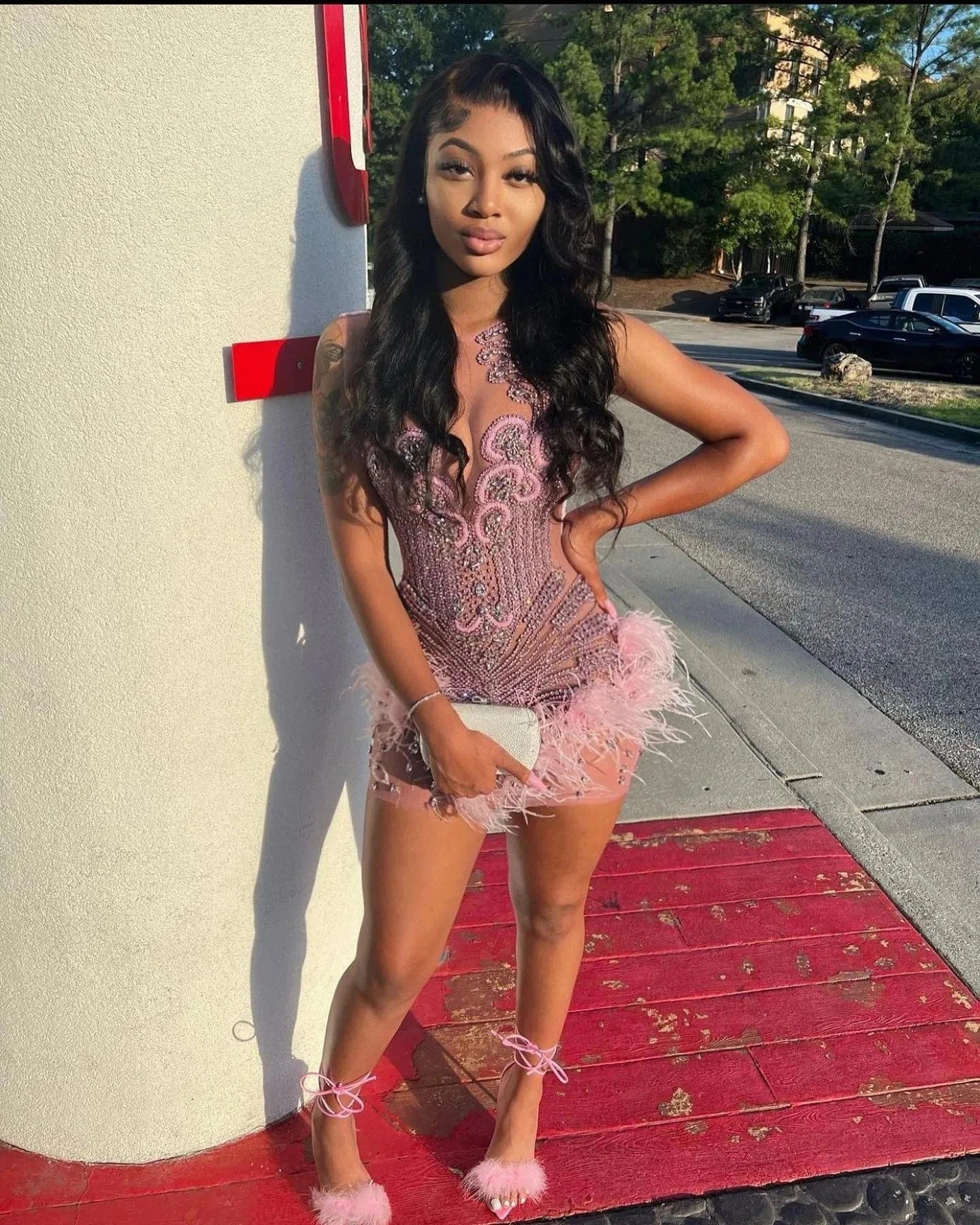 Ocstrade Glitter Rhinestone Birthday Feather Dresses Women Sexy Diamonds Sparkly Pink Beaded Short Prom Dresses 2024 Luxury