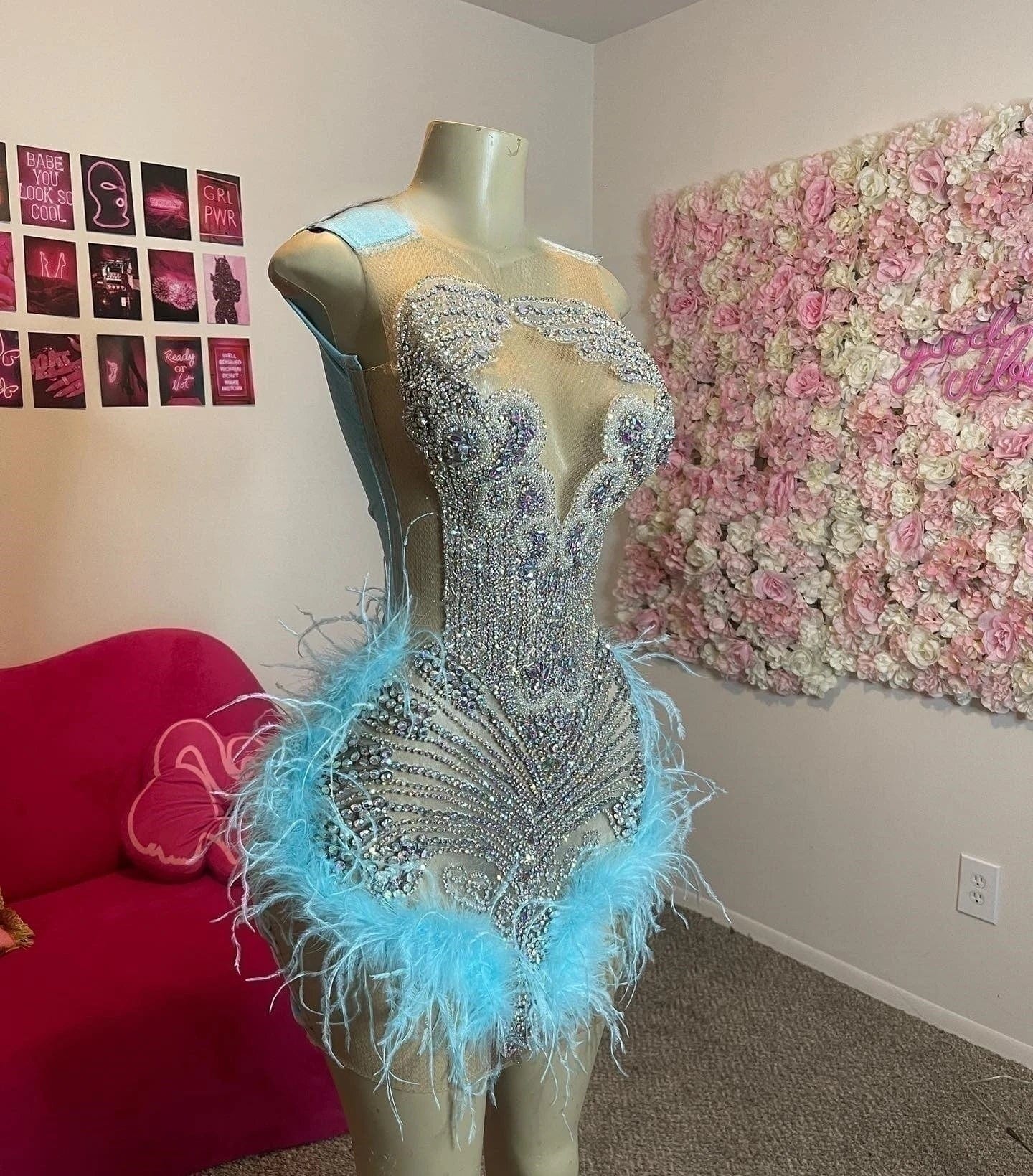 Ocstrade Glitter Rhinestone Birthday Feather Dresses Women Sexy Diamonds Sparkly Pink Beaded Short Prom Dresses 2024 Luxury