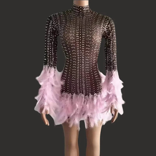 Ocstrade Luxury Performance Dresses Glitter Diamonds Womens Mini Dresses Solid Club Party Stage Dance Wear With Feather