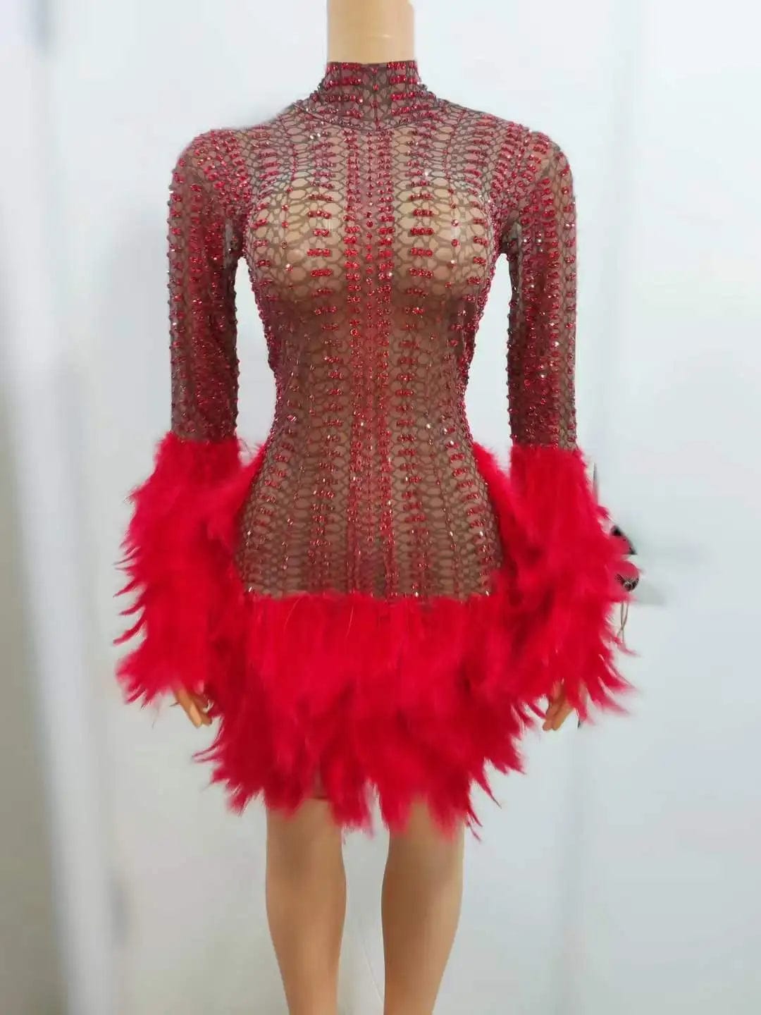 Ocstrade Luxury Performance Dresses Glitter Diamonds Womens Mini Dresses Solid Club Party Stage Dance Wear With Feather
