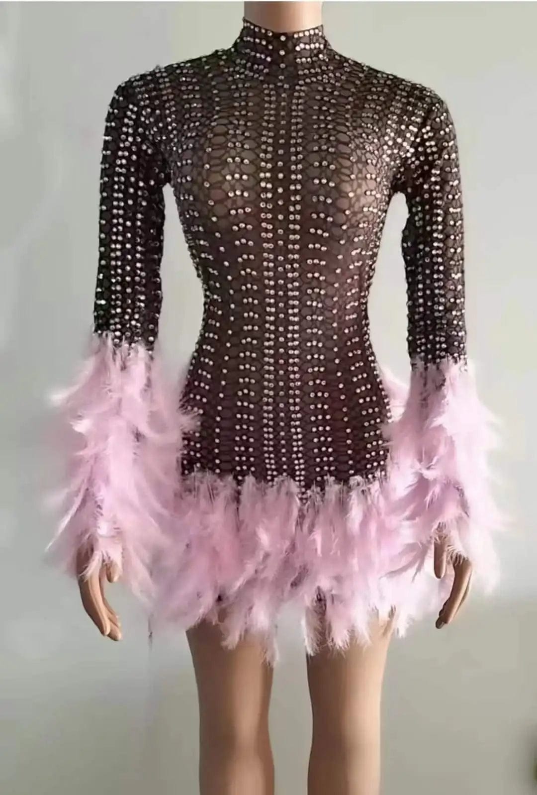 Ocstrade Luxury Performance Dresses Glitter Diamonds Womens Mini Dresses Solid Club Party Stage Dance Wear With Feather