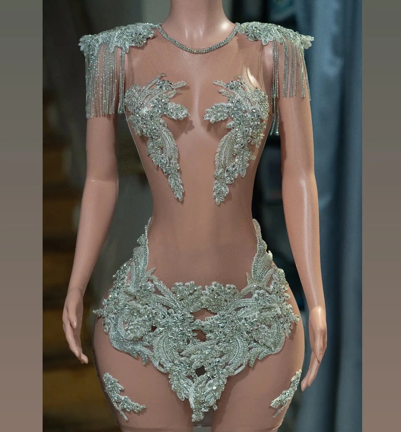 Ocstrade Luxury Silver Crystal Chain Elegant Cocktails Dress Sexy Fishnet Rhinestone Applied  Birthday Club Dress High Quality