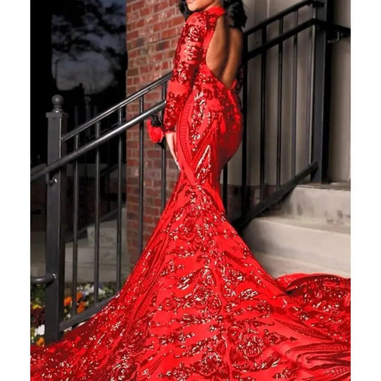 Ocstrade Ropa Mujer Backless Long Sleeve Prom Ball Gowns Evening Sequin Dress Party Mermaid Prom Red Dresses 2023 Black Girls