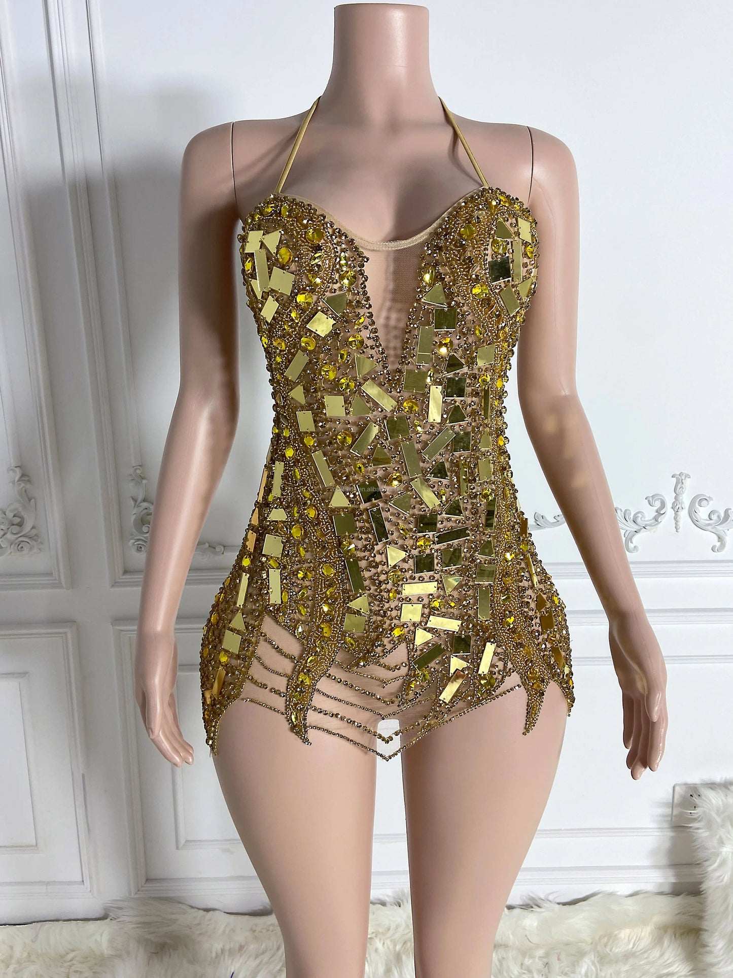 Ocstrade Sparkly Golden Mirror Halter Neck Backless Women'S Sexy Club Dresses 2024 Latest Design Crystal Sexy Prom Club Dress