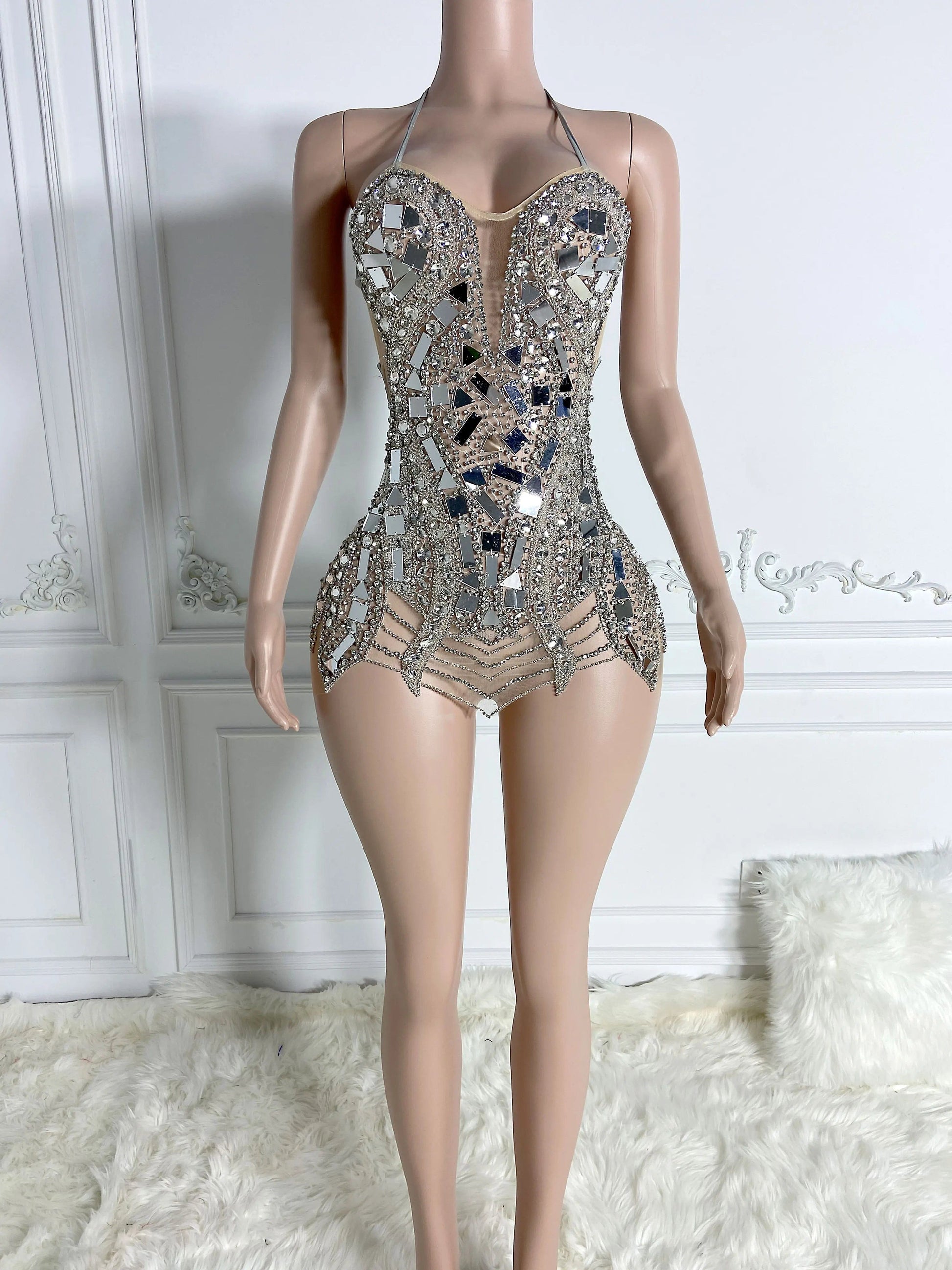 Ocstrade Sparkly Golden Mirror Halter Neck Backless Women'S Sexy Club Dresses 2024 Latest Design Crystal Sexy Prom Club Dress