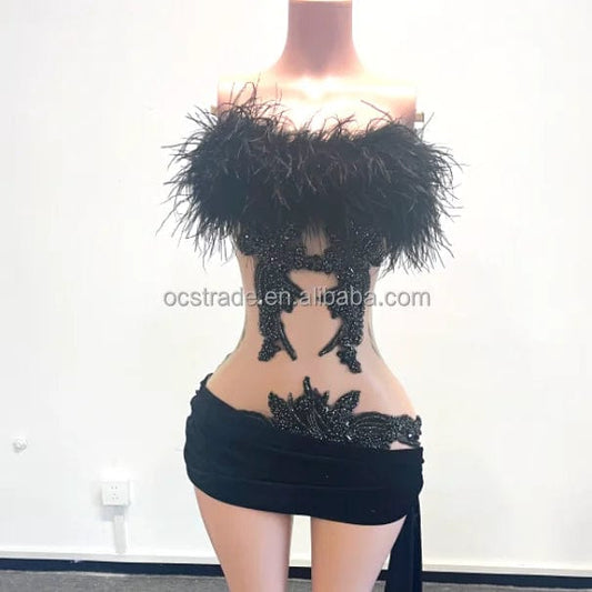 Ocstrade Top Selling Vestidos Casuales For Quinceanera Womens 2024 Feather Tube Top Solid Party Dress Rhinestone Mini Dresses