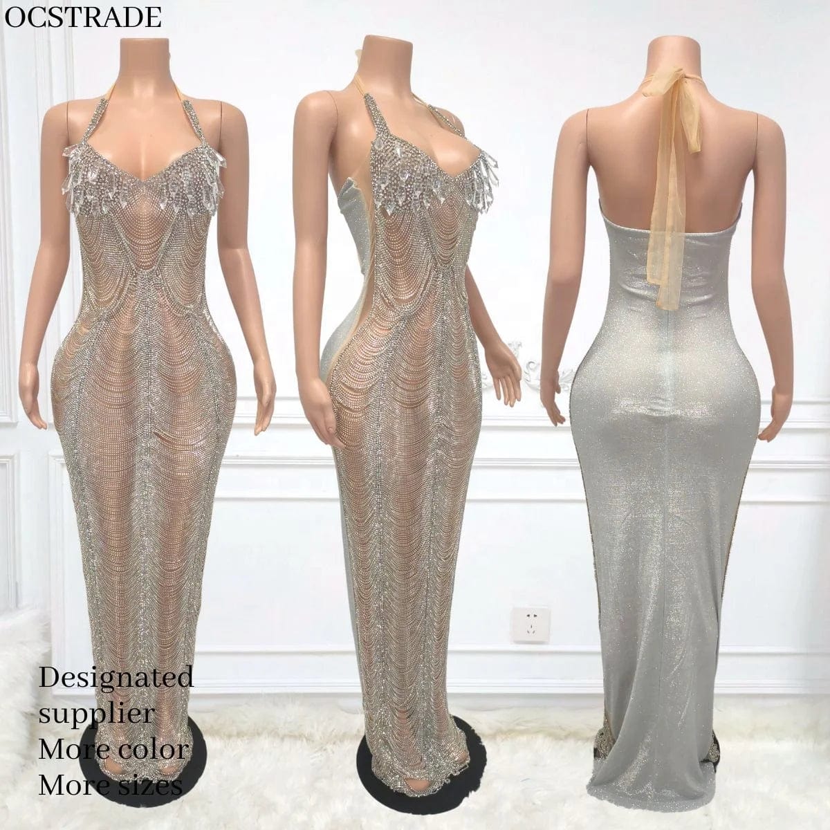 Ocstrade Vestido Luxury Rhinestone Halter Women'S Evening Dress 2025 High Quality Long Gown Evening Dress Silver Floor-Length