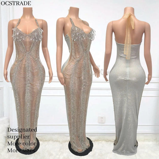 Ocstrade Vestido Luxury Rhinestone Halter Women'S Evening Dress 2025 High Quality Long Gown Evening Dress Silver Floor-Length