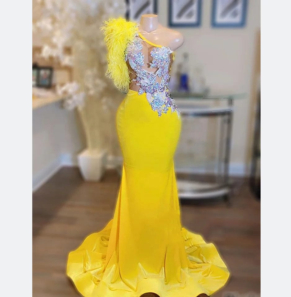 Ocstrade Vestido Yellow Evening Dresses Women Party Elegance Rhinestone Yellow Ostrich Feathers Prom Dress Sexy 2023 Ball Gown