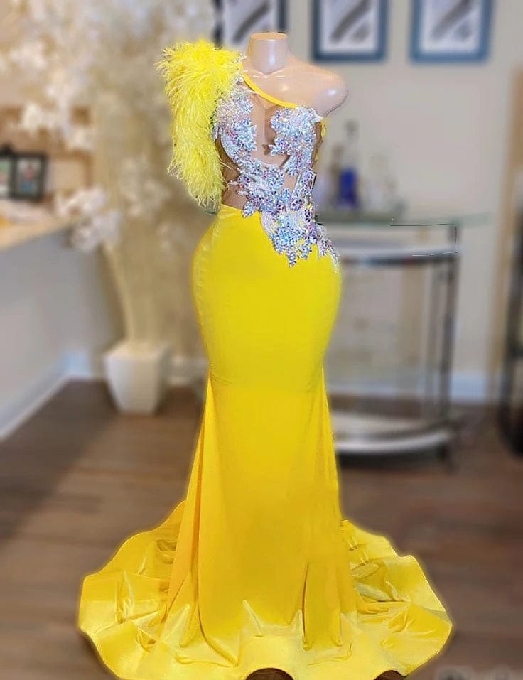 Ocstrade Vestido Yellow Evening Dresses Women Party Elegance Rhinestone Yellow Ostrich Feathers Prom Dress Sexy 2023 Ball Gown