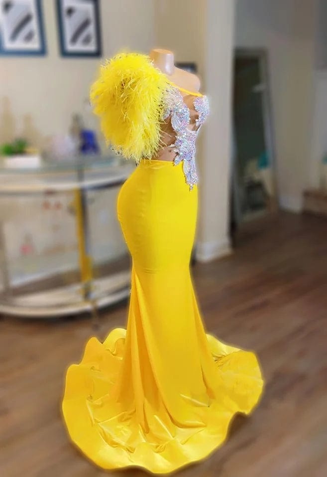 Ocstrade Vestido Yellow Evening Dresses Women Party Elegance Rhinestone Yellow Ostrich Feathers Prom Dress Sexy 2023 Ball Gown