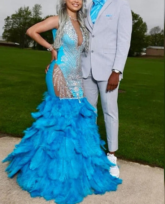 Ocstrade Wholesale Custom Prom Dresses Blue Feather 2023 Evening Gowns Sexy Blue Satin Rhinestone Ball Gown Prom Dress For Women