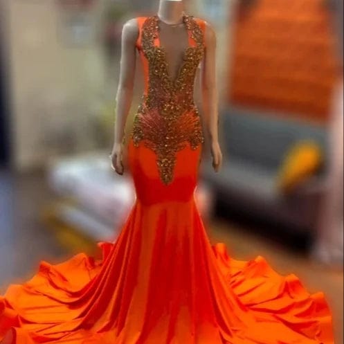 Ocstrade XL Plus Size Women's Evening Prom Dresses 2024 Women Elegant Custom Gold Rhinestone Orange Maxi Prom Dress Romantic