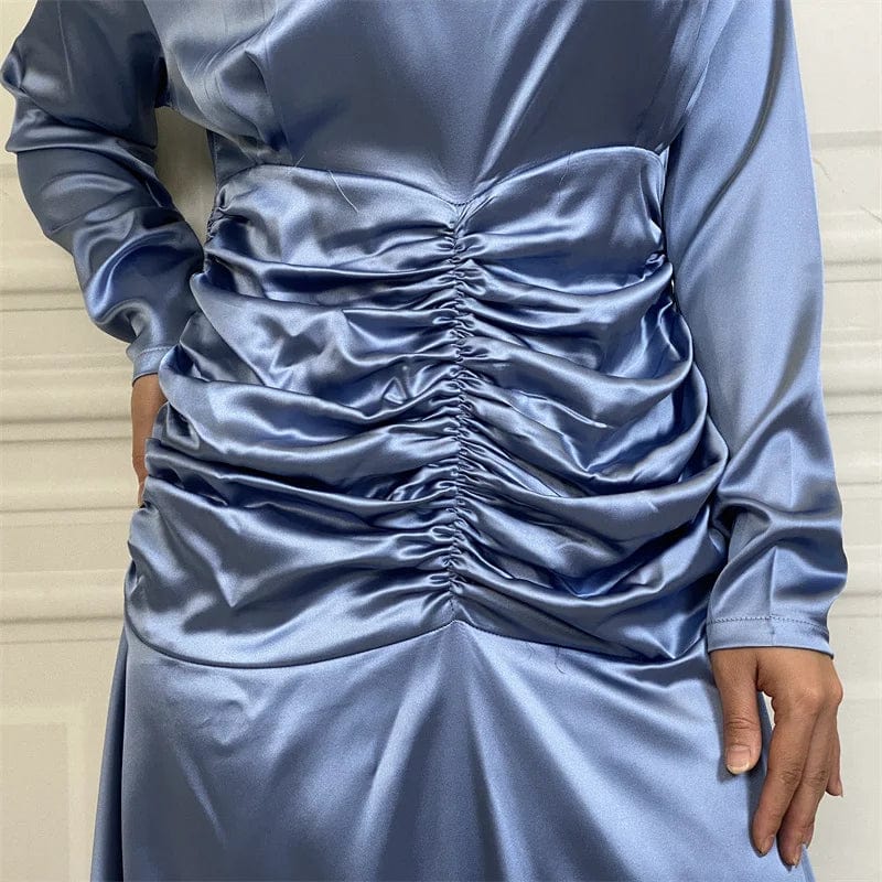October new fashion satin long dress advanced pleated waist style slim sleeve women party maxi dresses