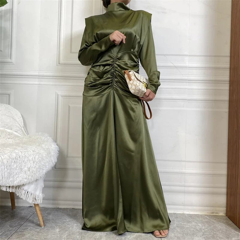 October new fashion satin long dress advanced pleated waist style slim sleeve women party maxi dresses