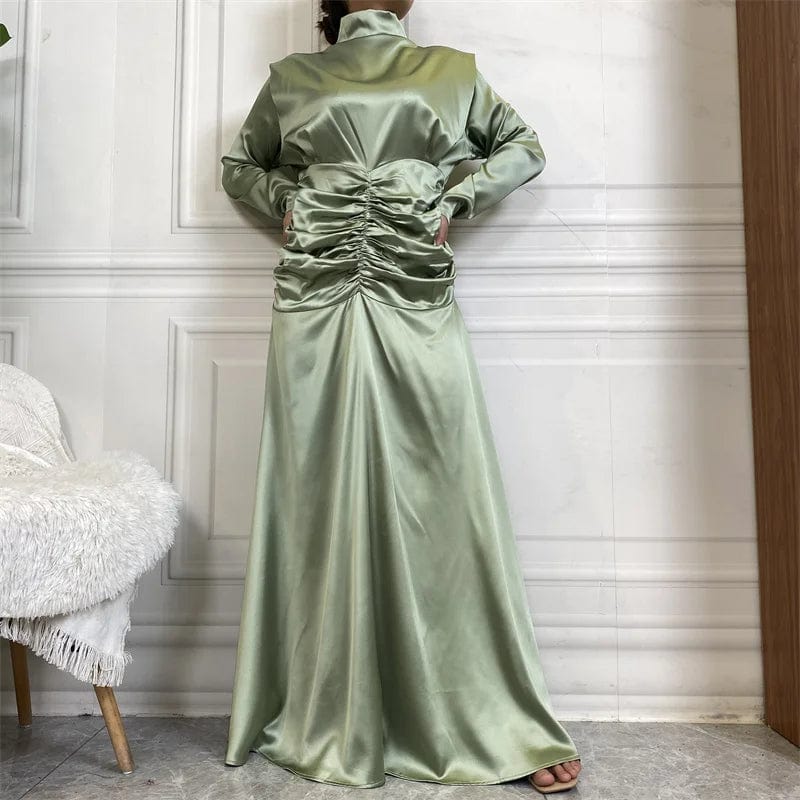 October new fashion satin long dress advanced pleated waist style slim sleeve women party maxi dresses