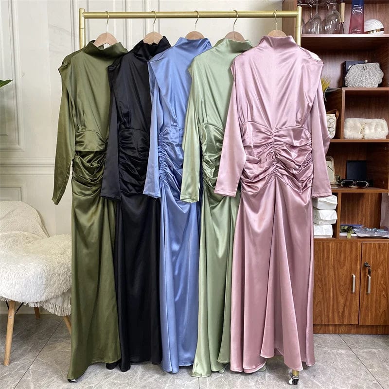 October new fashion satin long dress advanced pleated waist style slim sleeve women party maxi dresses
