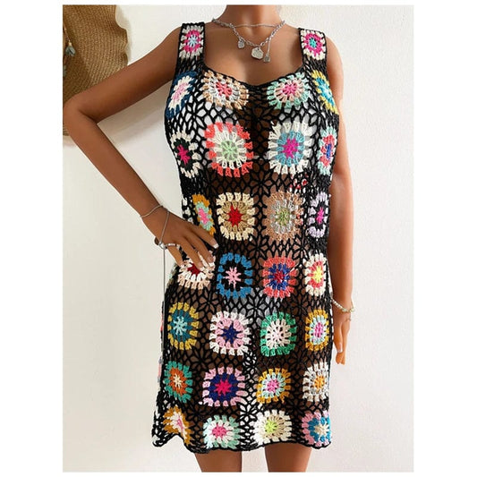 Oem Coverups Women Beachwear Flower Bohemian Beach Cover Ups Loose Knit Crochet Cover Up Swimwear Beach Dress 2024 Vocation