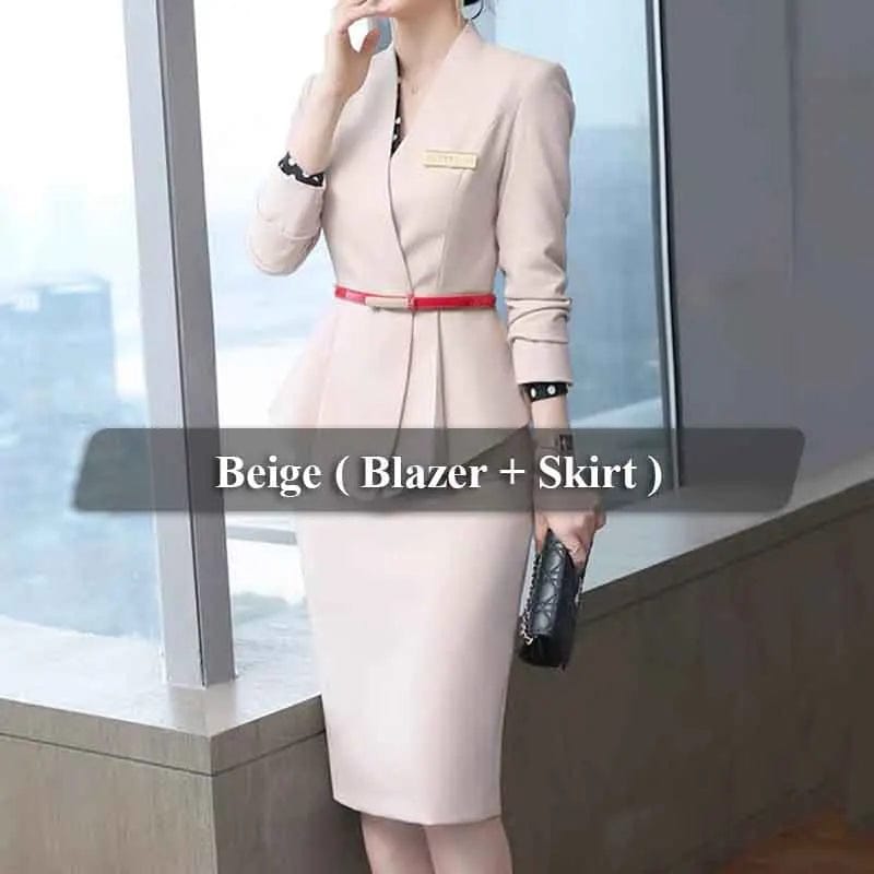 OEM High Quality Beige Two-Piece Set Office Lady Skirt Suit Uniform Design for Women Business Formal Work Wear