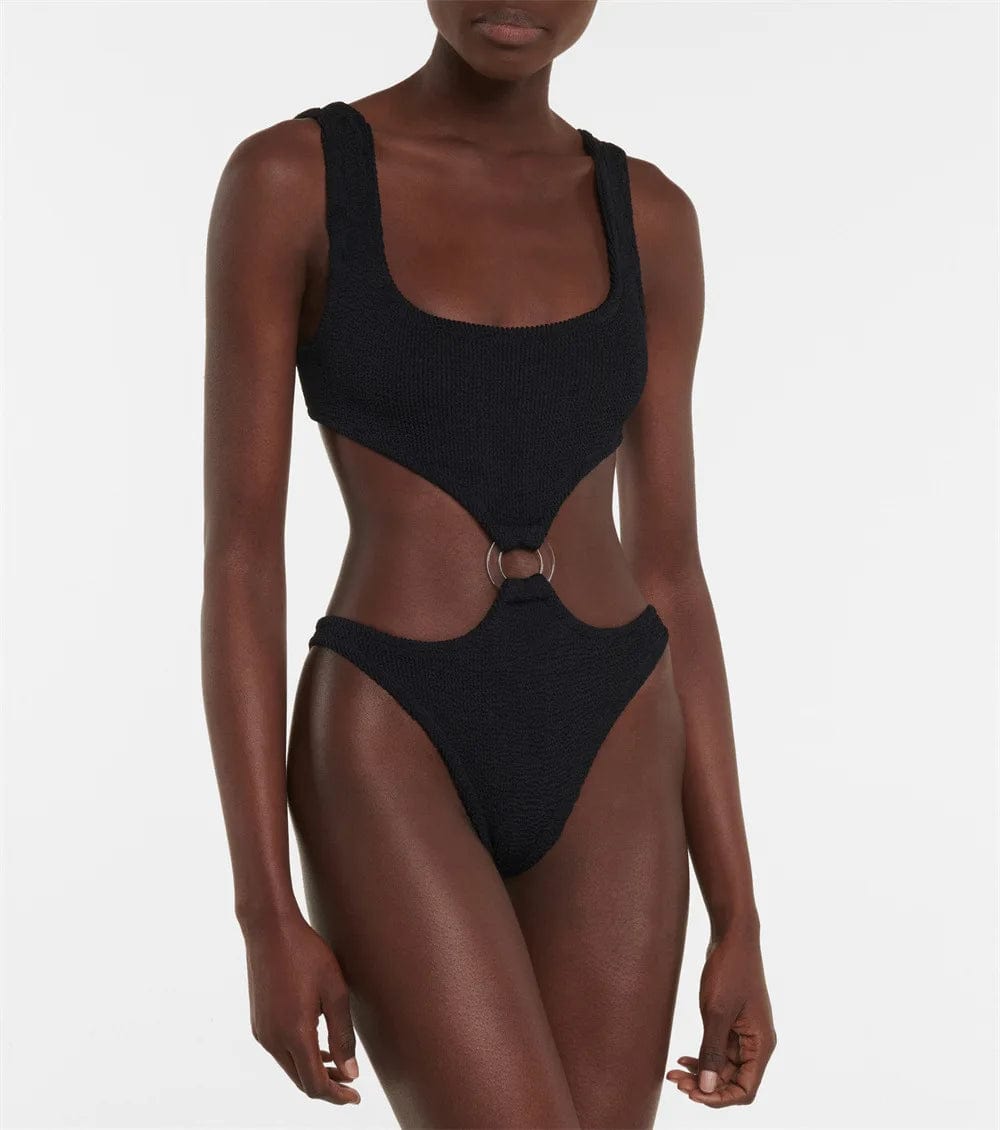 OEM Service Custom Swimwear 2024 Ring Linked Cut-Out One Piece Swimsuit Micro Ribbed Monokini Bandage Bathing Suit