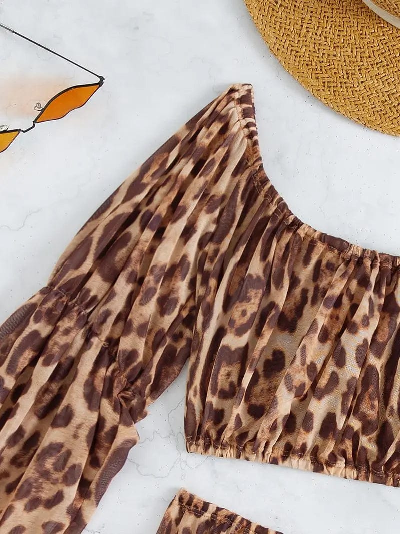 Off shoulder Cover Up Women Sexy Leopard Beach Cover Up Set Swimwear Long Sleeve Beachwear 2024 Mesh Summer Beach Outfits