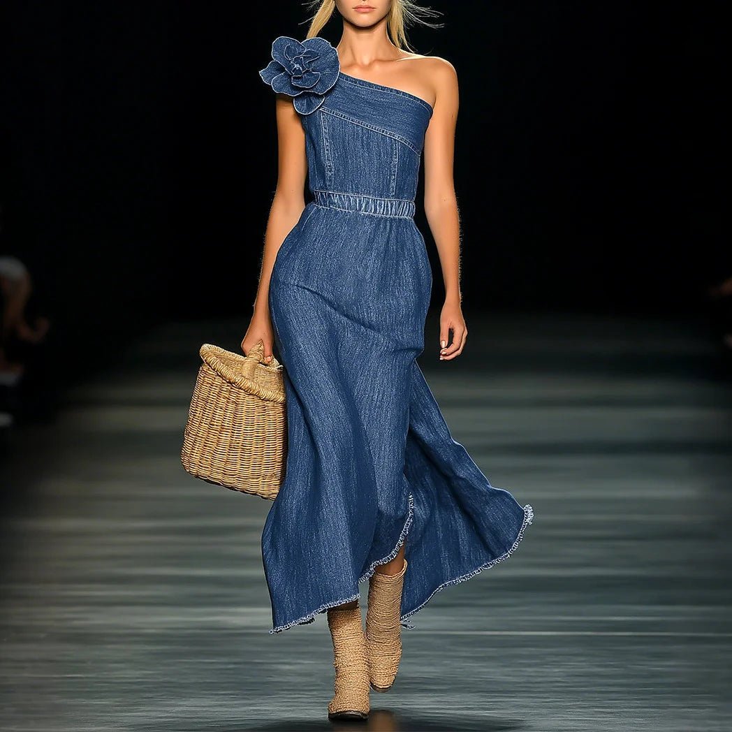 Off - Shoulder Denim Midi Dress - SN Wigs & More