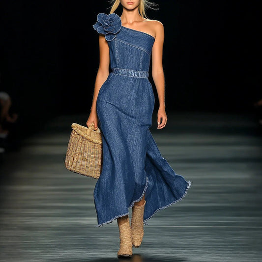 Off - Shoulder Denim Midi Dress - SN Wigs & More