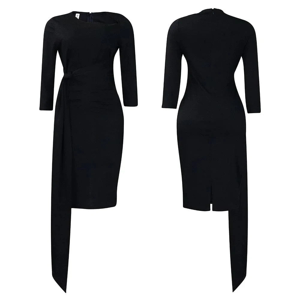 Office Dresses for Woman 2024 New Skew Collar Full Sleeve Sashes Sheath Package Hips Mid Calf Professional Business Work Dress