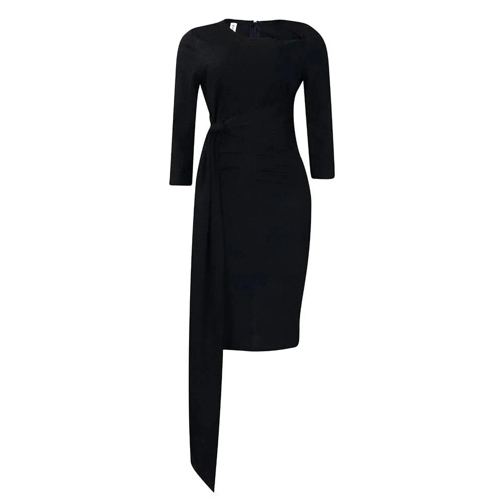 Office Dresses for Woman 2024 New Skew Collar Full Sleeve Sashes Sheath Package Hips Mid Calf Professional Business Work Dress