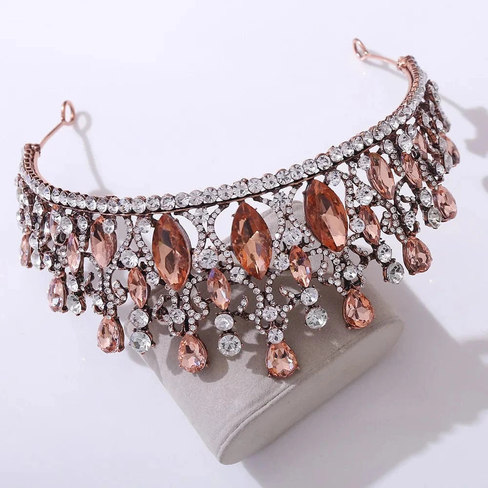 Old Copper+Light Peach Rosa Bessie Rhinestone Crown Tiara Mix Color Handmade Crystal Hair Accessories Headband Bridal Wedding Princess Tiara Crown
