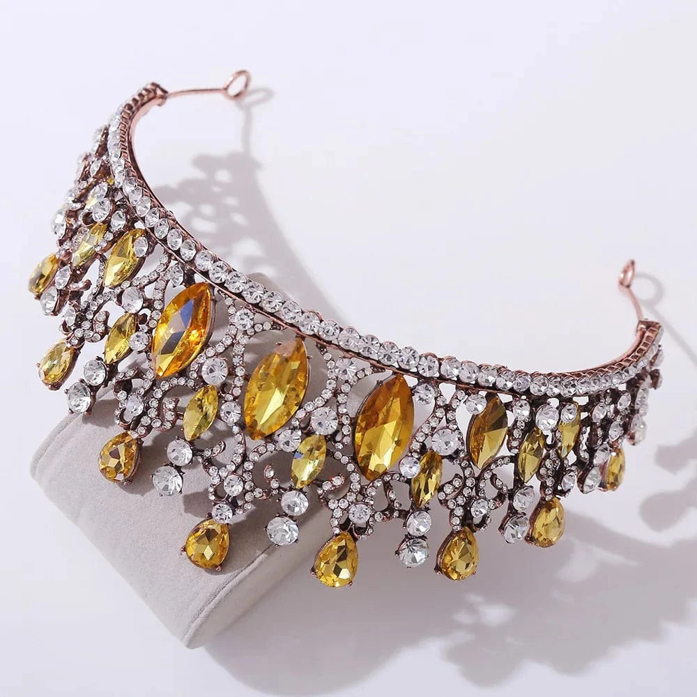 Old Copper+Yellow Stone Rosa Bessie Rhinestone Crown Tiara Mix Color Handmade Crystal Hair Accessories Headband Bridal Wedding Princess Tiara Crown