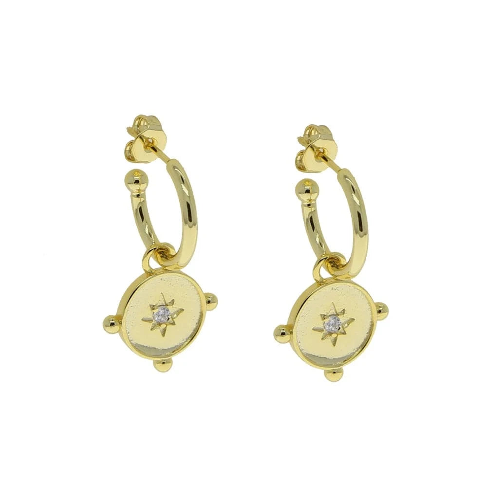 old-Y-gold star coin charm dangle women jewelry gold plated bling cz hoop earring