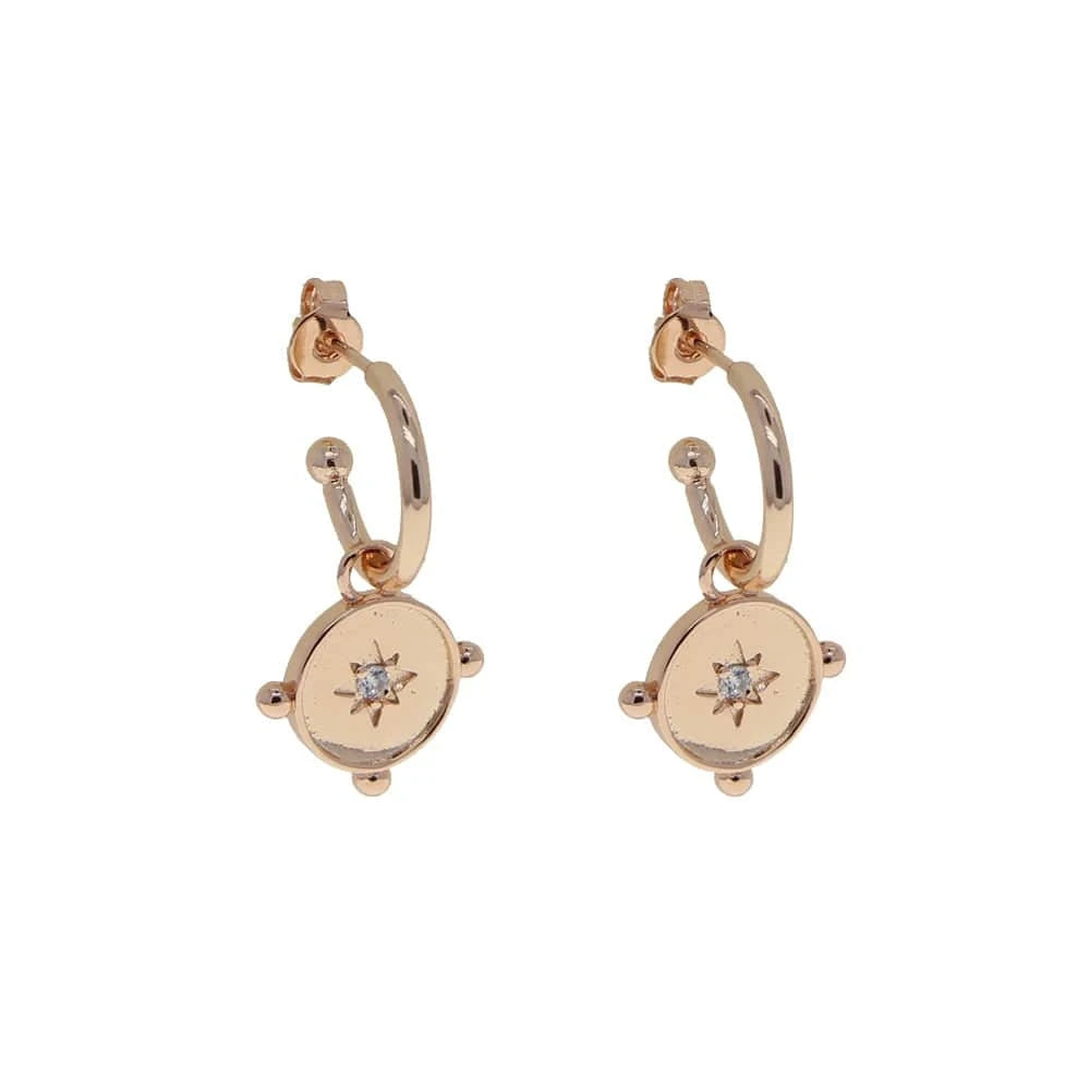 old-Y-rosegold star coin charm dangle women jewelry gold plated bling cz hoop earring