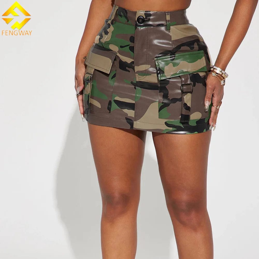 Olive Camo PU Leather Mini Skirt 2024 Summer Fall Clothes For Women Stretchy Zipper Design Multi Pockets For Ladies