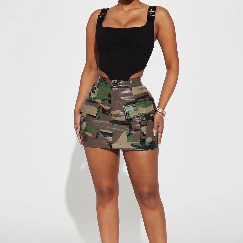 Olive Camo PU Leather Mini Skirt 2024 Summer Fall Clothes For Women Stretchy Zipper Design Multi Pockets For Ladies