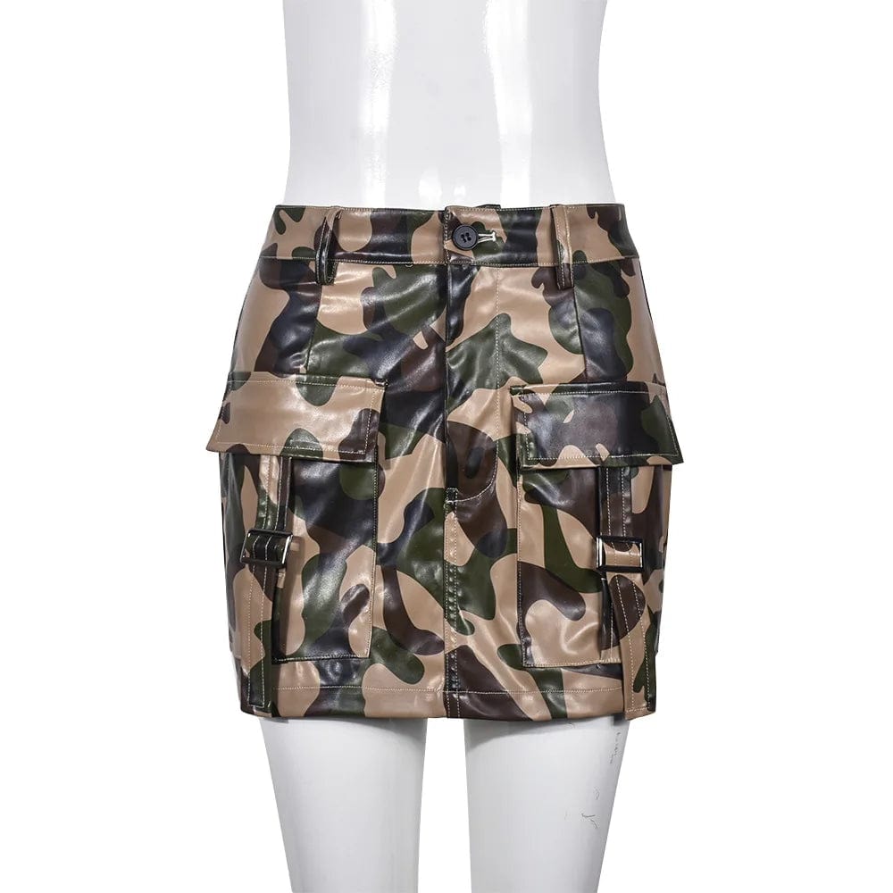 Olive Camo PU Leather Mini Skirt 2024 Summer Fall Clothes For Women Stretchy Zipper Design Multi Pockets For Ladies