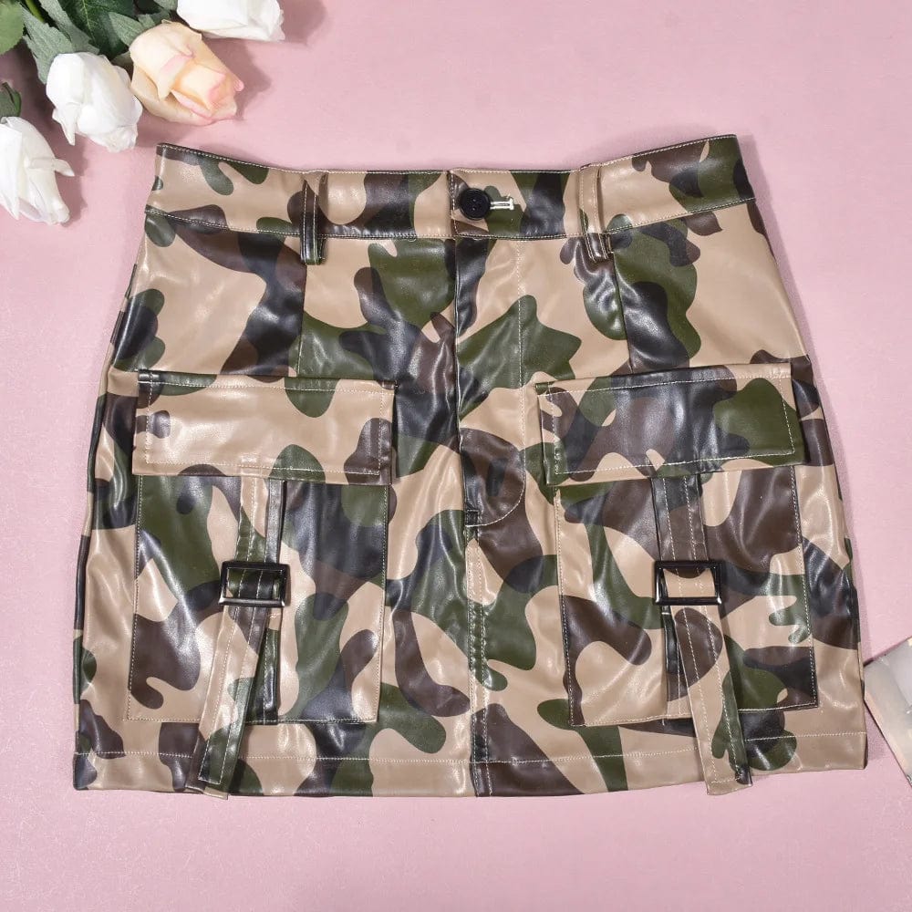 Olive Camo PU Leather Mini Skirt 2024 Summer Fall Clothes For Women Stretchy Zipper Design Multi Pockets For Ladies
