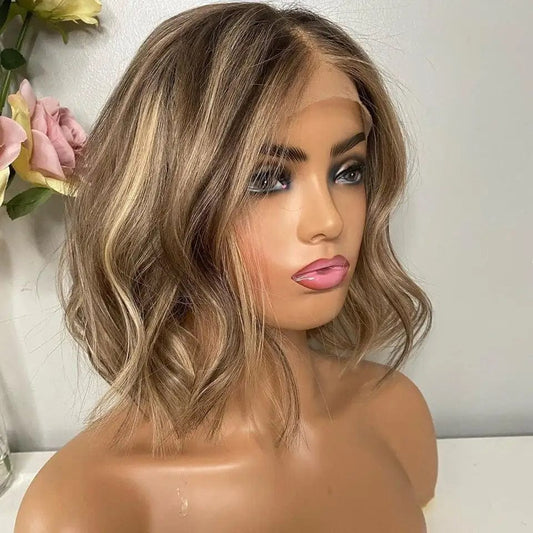 Ombre Ash Blonde Color Lace Front Wig Cuticle Aligned Human Hair Short  Bob Wave  Wigs For Woman Pre Plucked Hair line
