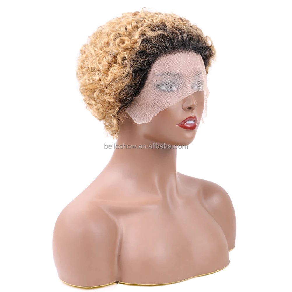 Ombre Honey Blonde Pixie Cut Bob Human Hair Wigs Short Kinky Curly Colored Pre Plucked Woman Lace Front Bob 13x1
