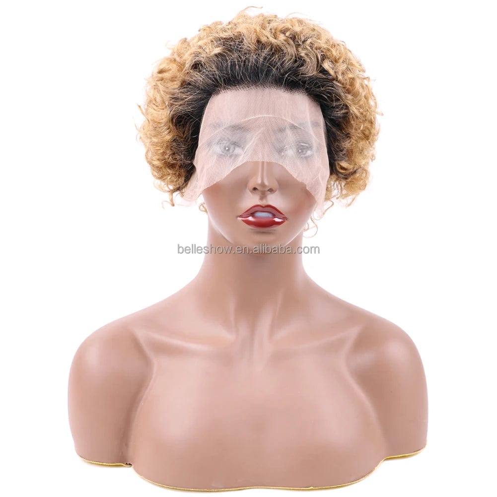 Ombre Honey Blonde Pixie Cut Bob Human Hair Wigs Short Kinky Curly Colored Pre Plucked Woman Lace Front Bob 13x1