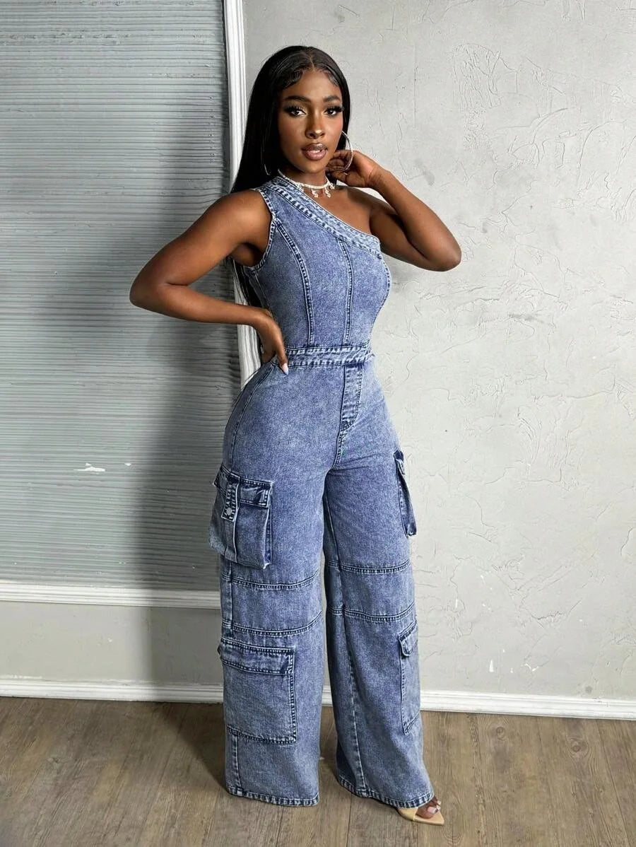 One - Shoulder + Denim Jumpsuit - SN Wigs & More