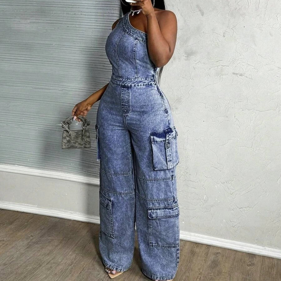 One - Shoulder + Denim Jumpsuit - SN Wigs & More